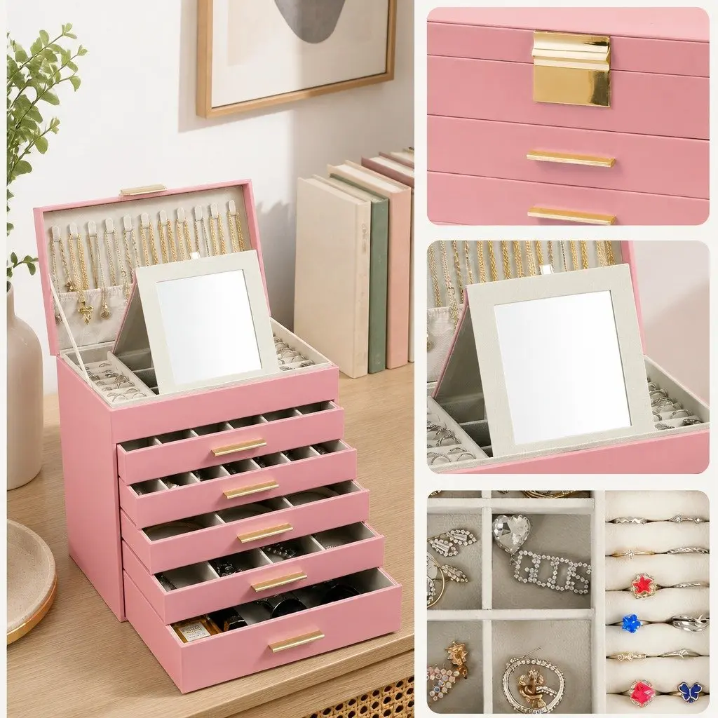 Jewelry Organizer Box 6-Layer Storage with Mirror Drawers Hooks Dividers Women