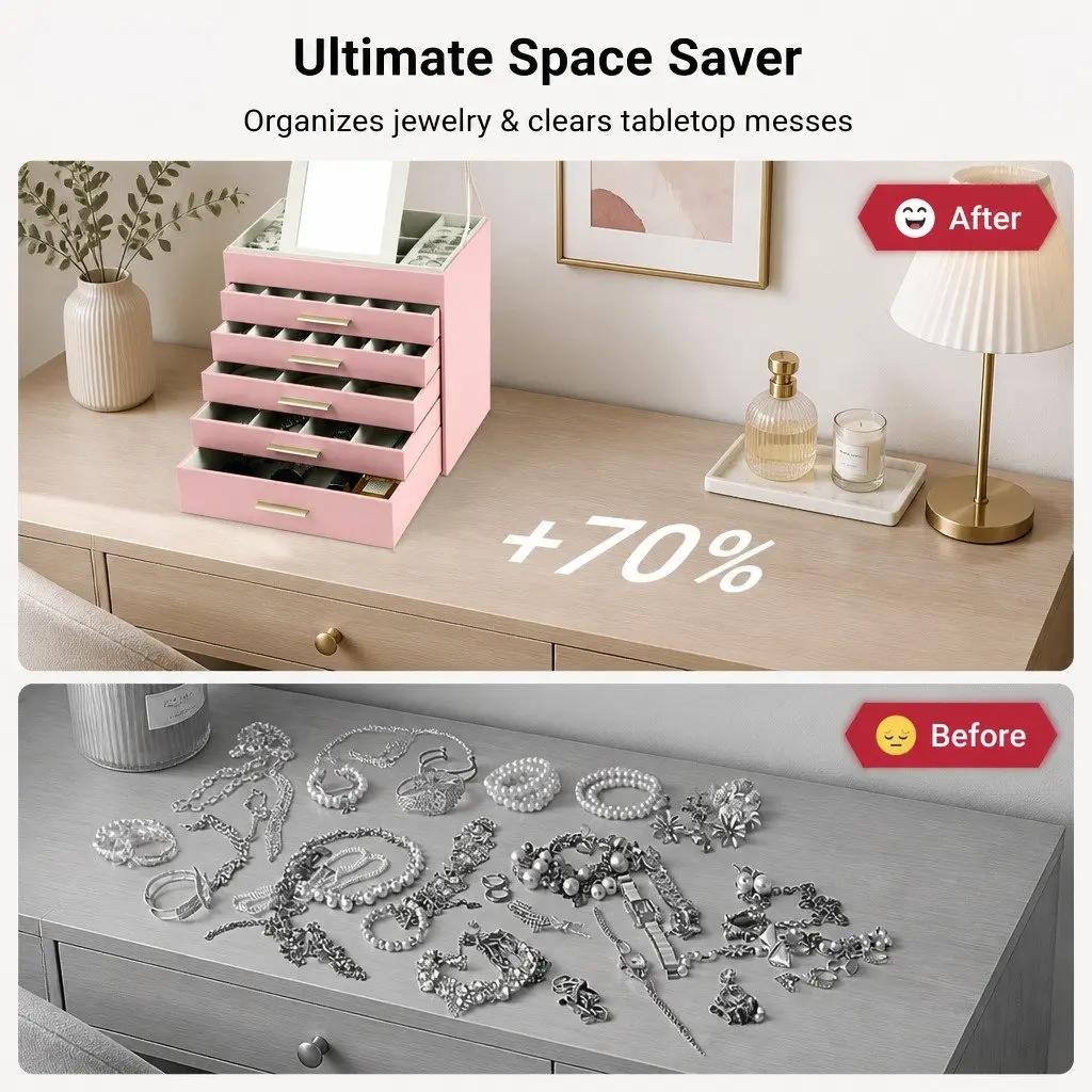 Jewelry Organizer Box 6-Layer Storage with Mirror Drawers Hooks Dividers Women