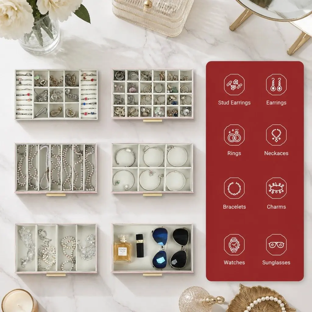 Jewelry Organizer Box 6-Layer Storage with Mirror Drawers Hooks Dividers Women