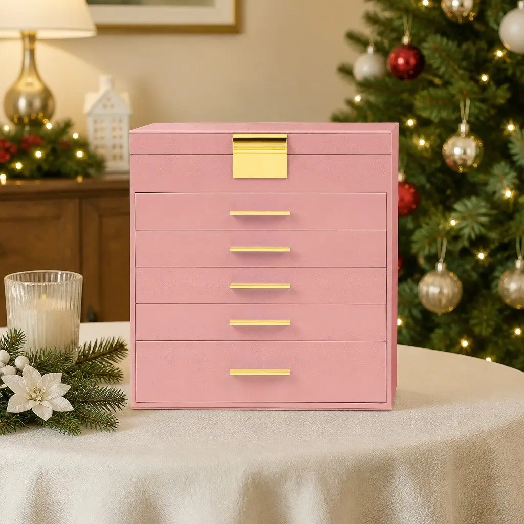 Jewelry Organizer Box 6-Layer Storage with Mirror Drawers Hooks Dividers Women