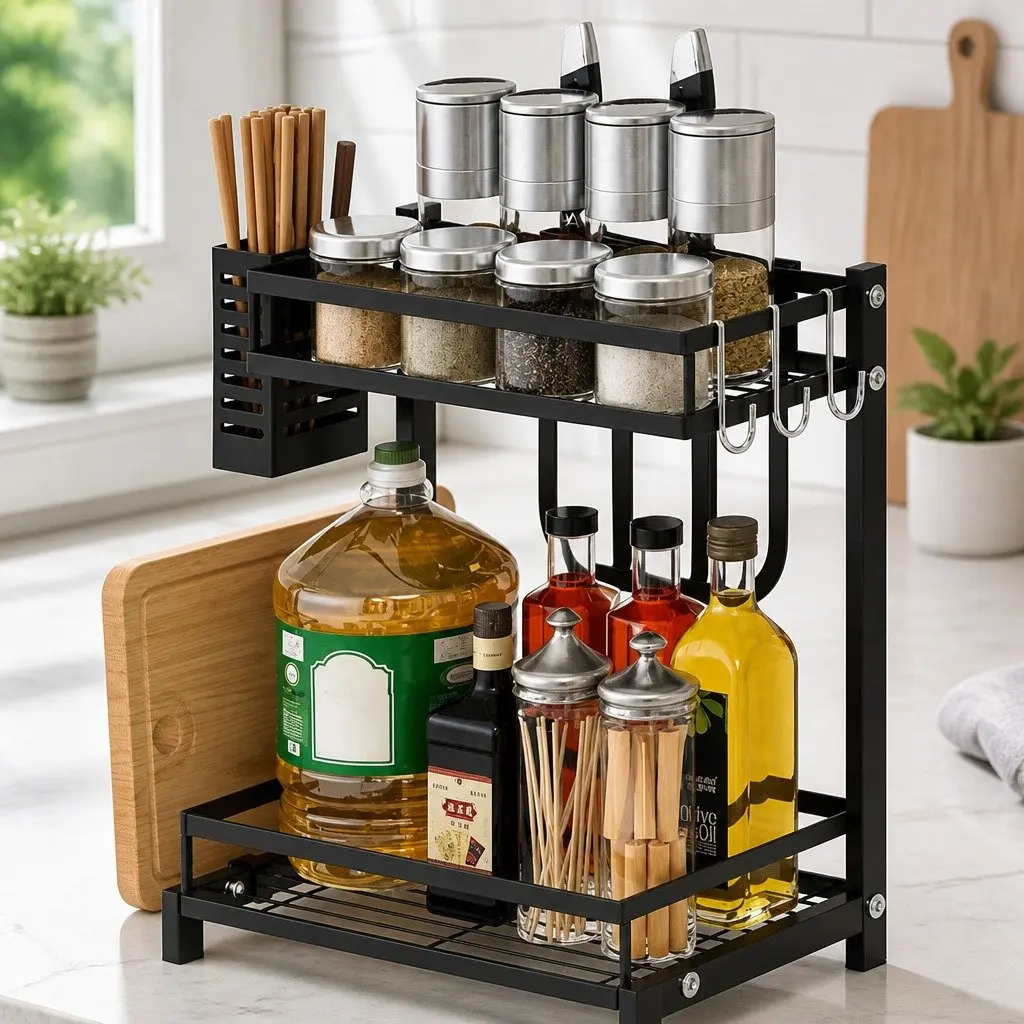 2-Tier Kitchen Spice Rack Organizer Storage Shelf Countertop Condiments Oil
