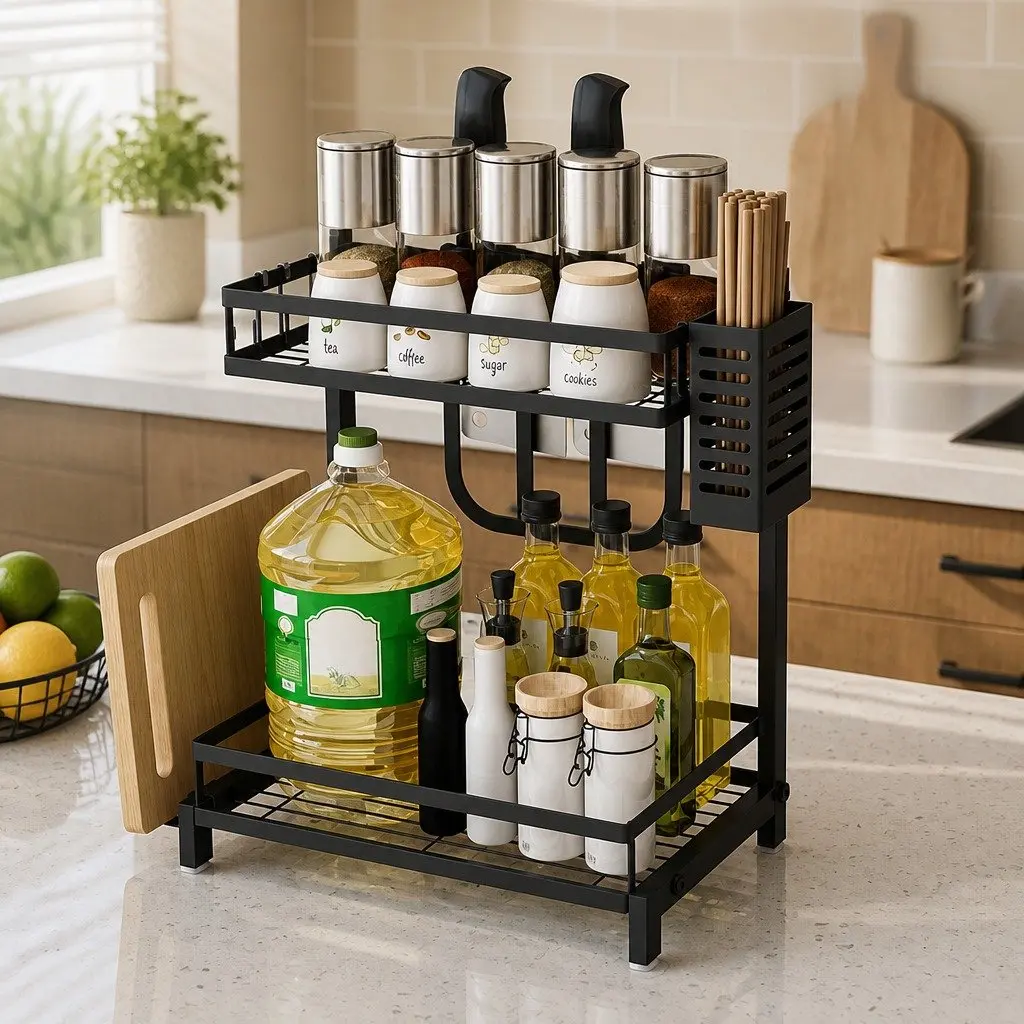 2-Tier Kitchen Spice Rack Organizer Storage Shelf Countertop Condiments Oil