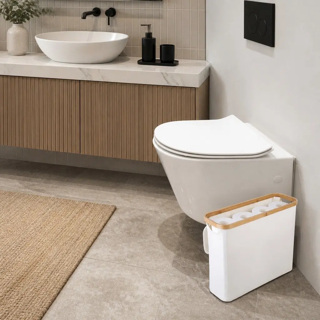 Toilet Paper Storage Basket 2 Pack Holds 12 Rolls Bamboo Lid Handle Bathroom