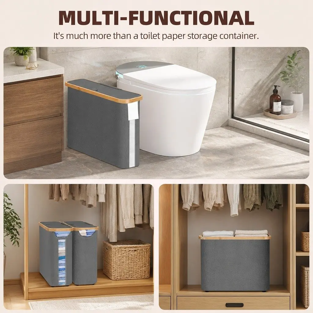 Toilet Paper Storage Basket 2 Pack Holds 12 Rolls Bamboo Lid Handle RV Closet