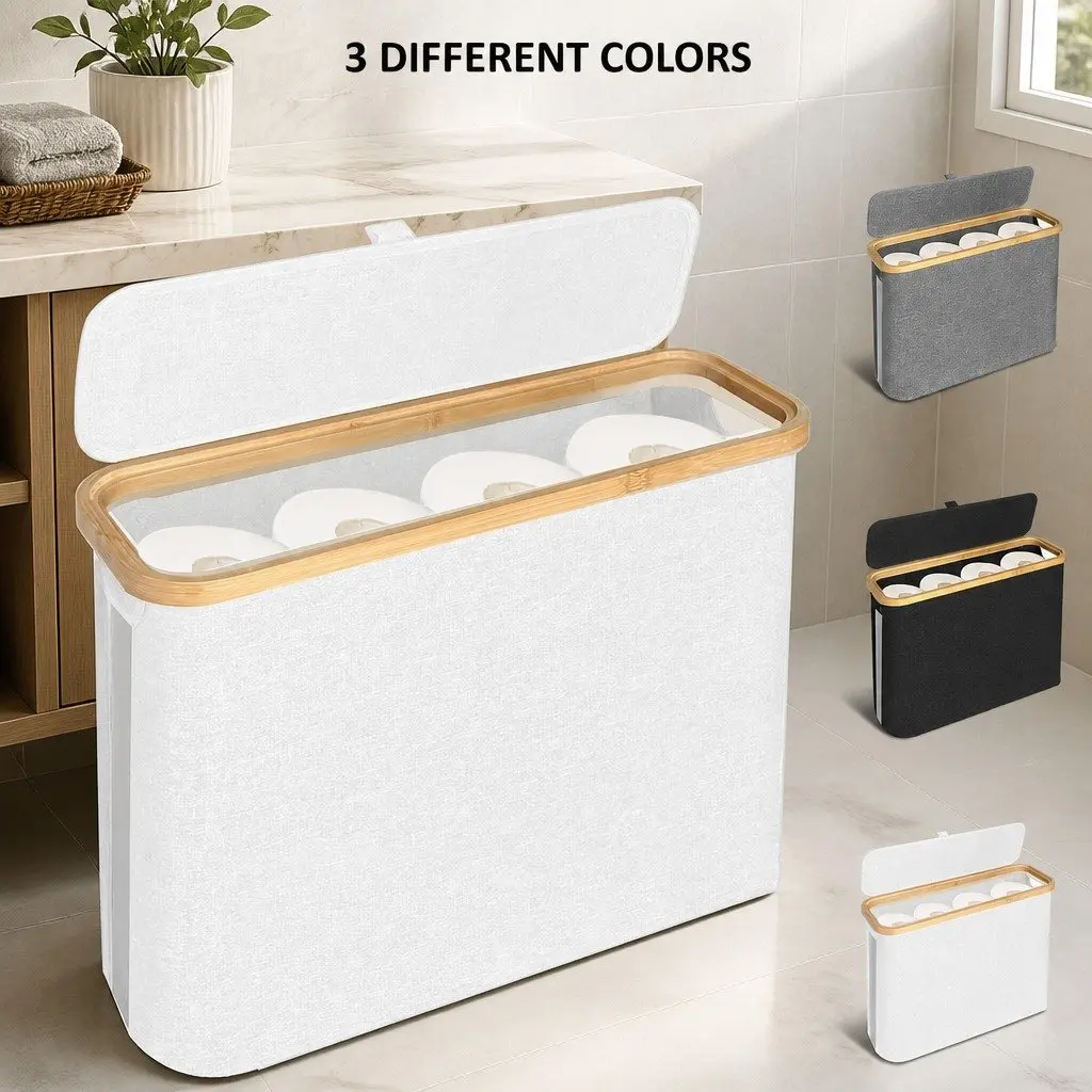 Toilet Paper Storage Basket 2 Pack Holds 12 Rolls Bamboo Lid Handle RV Closet
