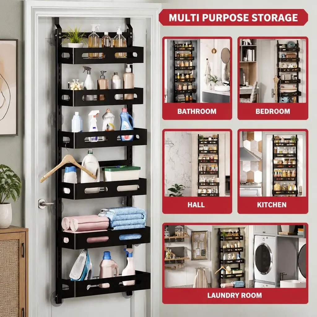 Over the Door Organizer Kitchen Bathroom 6 Tier Adjustable Metal Storage Rack