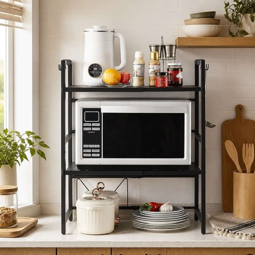 3-Tier Microwave Oven Rack Adjustable Metal Kitchen Shelf Stand Countertop