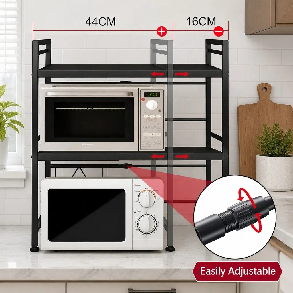 3-Tier Microwave Oven Rack Adjustable Metal Kitchen Shelf Stand Countertop