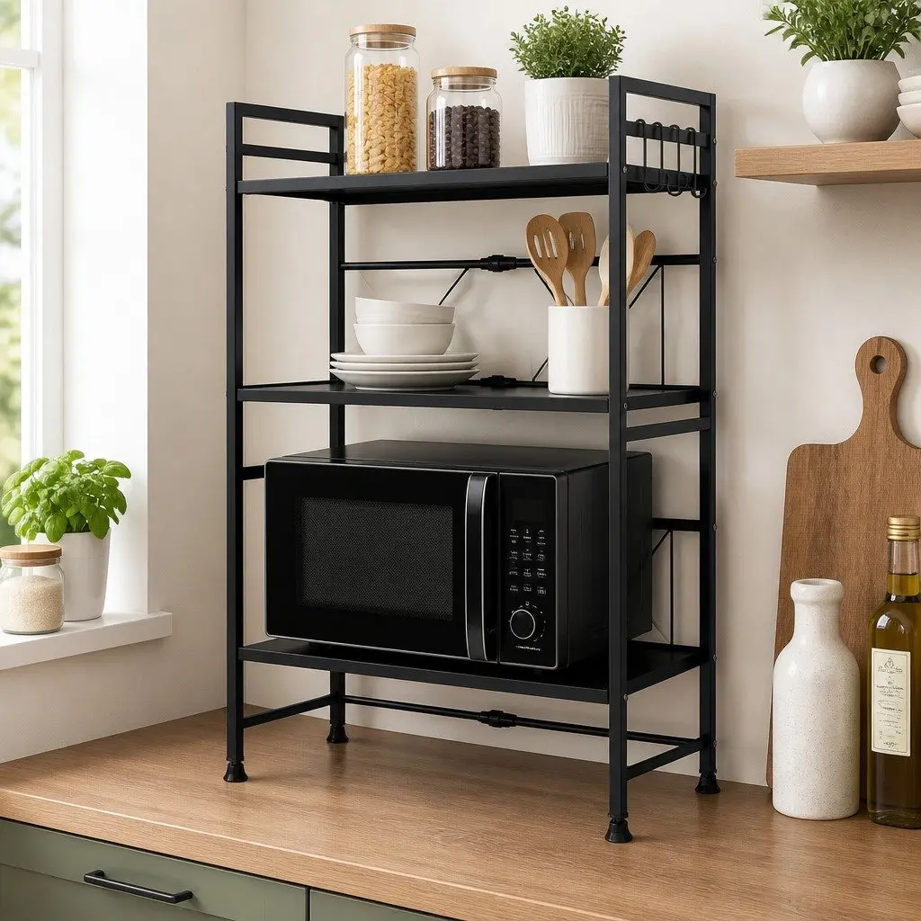 3-Tier Microwave Oven Rack Adjustable Metal Kitchen Shelf Stand Countertop