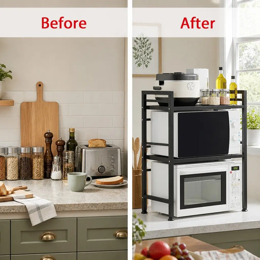 3-Tier Microwave Oven Rack Adjustable Metal Kitchen Shelf Stand Countertop