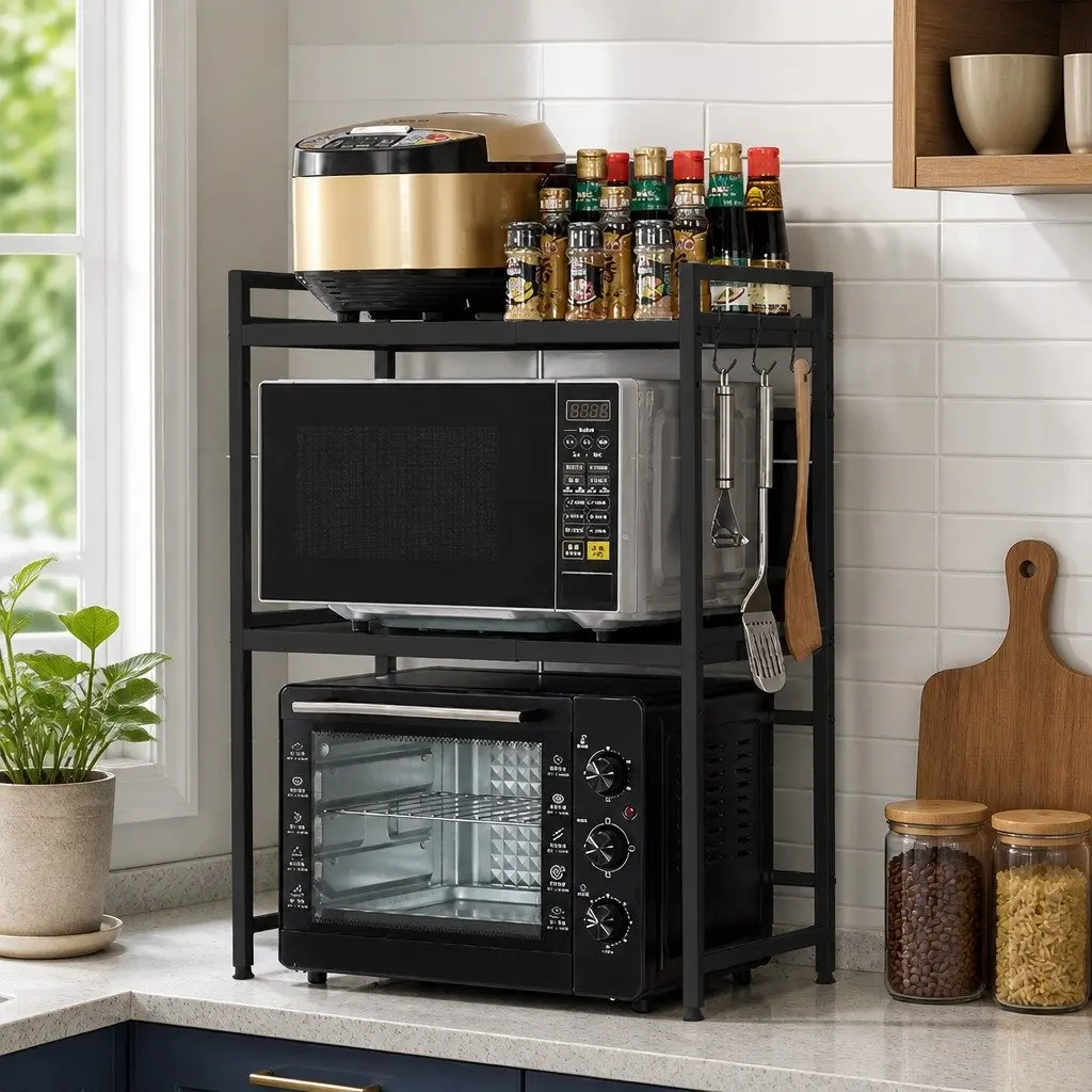 3-Tier Microwave Oven Rack Adjustable Metal Kitchen Shelf Stand Countertop