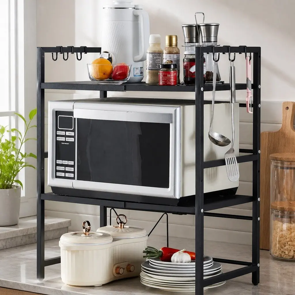 3-Tier Microwave Oven Rack Adjustable Metal Kitchen Shelf Stand Countertop