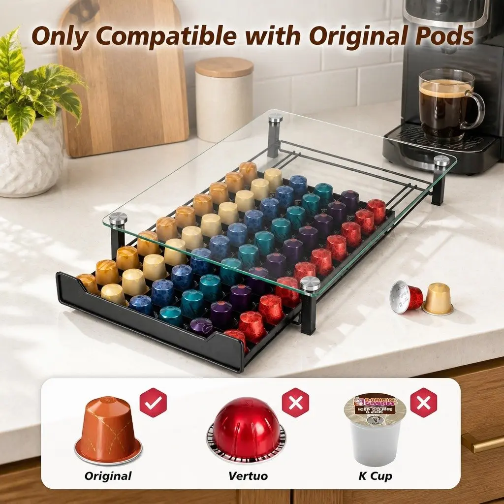 Coffee Pod Holder Drawer Organizer 60 Capacity Tempered Glass Nespresso Kitchen
