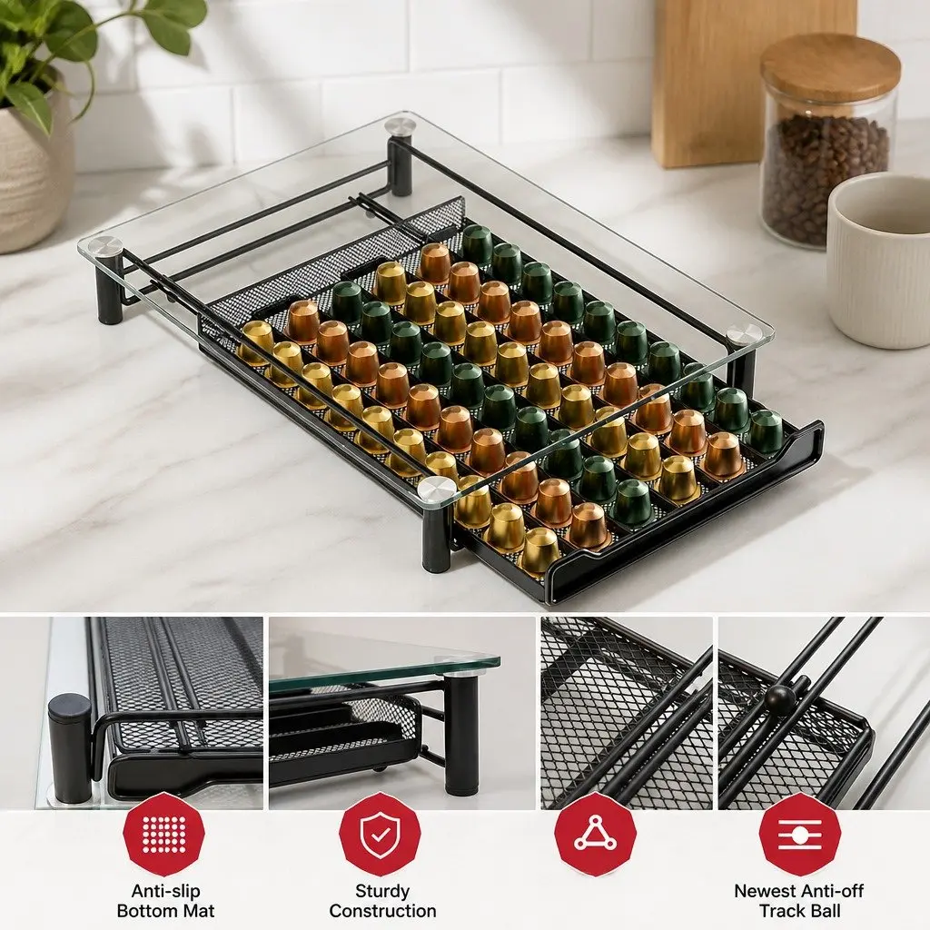 Coffee Pod Holder Drawer Organizer 60 Capacity Tempered Glass Nespresso Kitchen