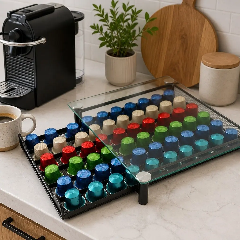 Coffee Pod Holder Drawer Organizer 60 Capacity Tempered Glass Nespresso Kitchen