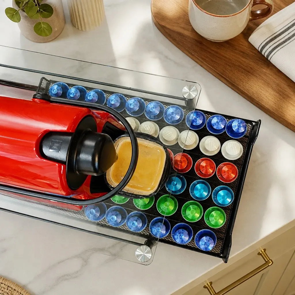 Coffee Pod Holder Drawer Organizer 60 Capacity Tempered Glass Nespresso Kitchen