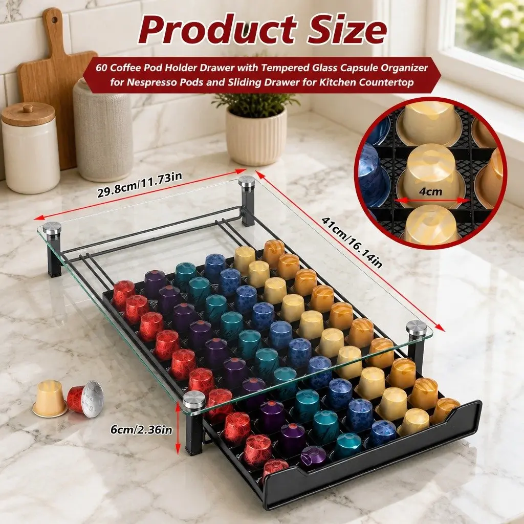 Coffee Pod Holder Drawer Organizer 60 Capacity Tempered Glass Nespresso Kitchen