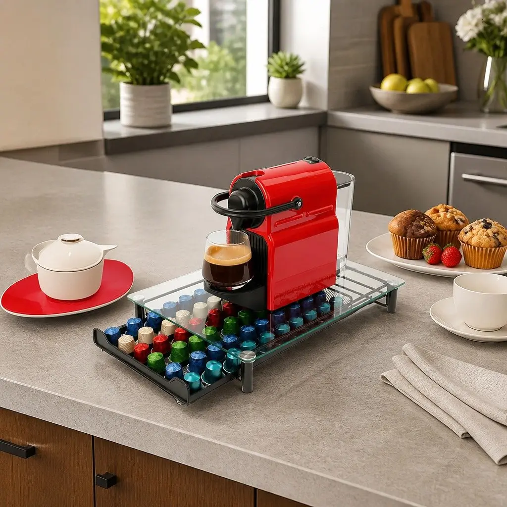 Coffee Pod Holder Drawer Organizer 60 Capacity Tempered Glass Nespresso Kitchen