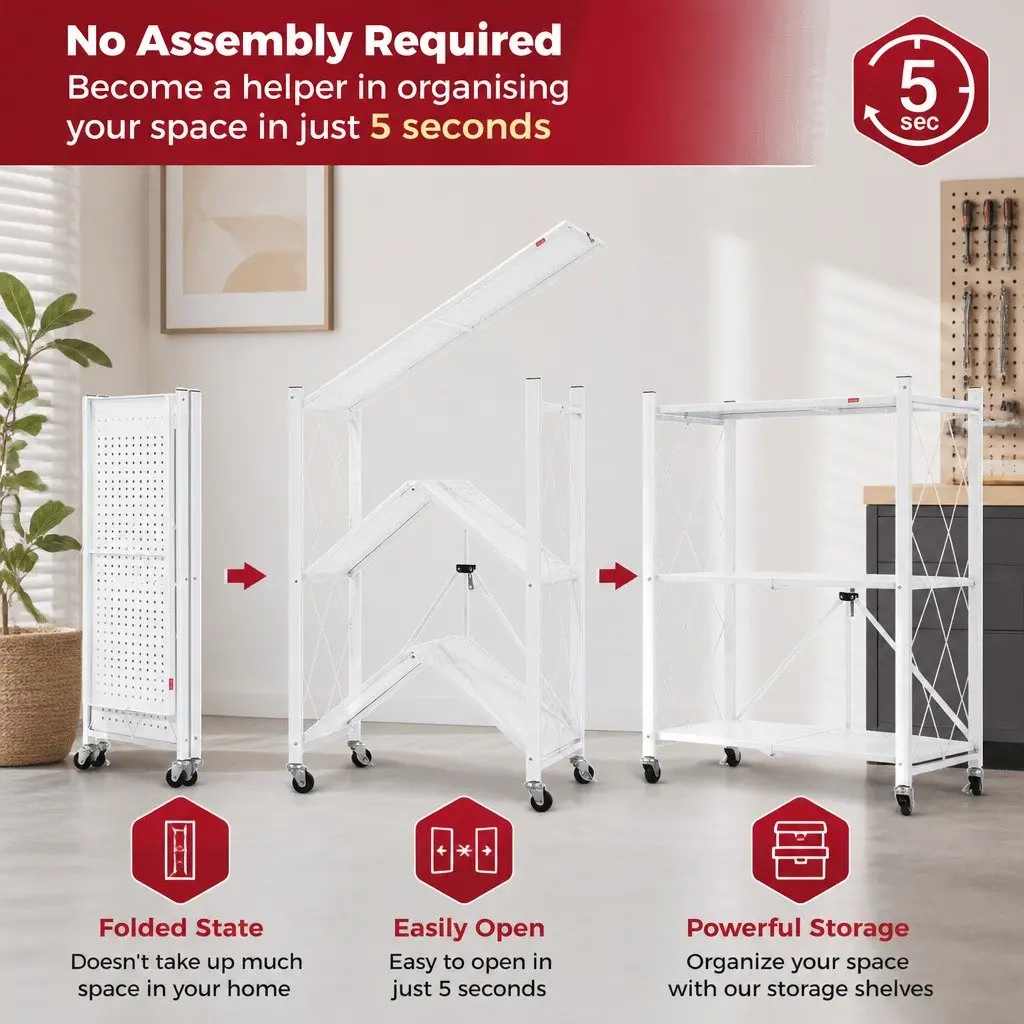 3-Tier Foldable Storage Shelf with Lockable Wheels for Kitchen Garage Pantry