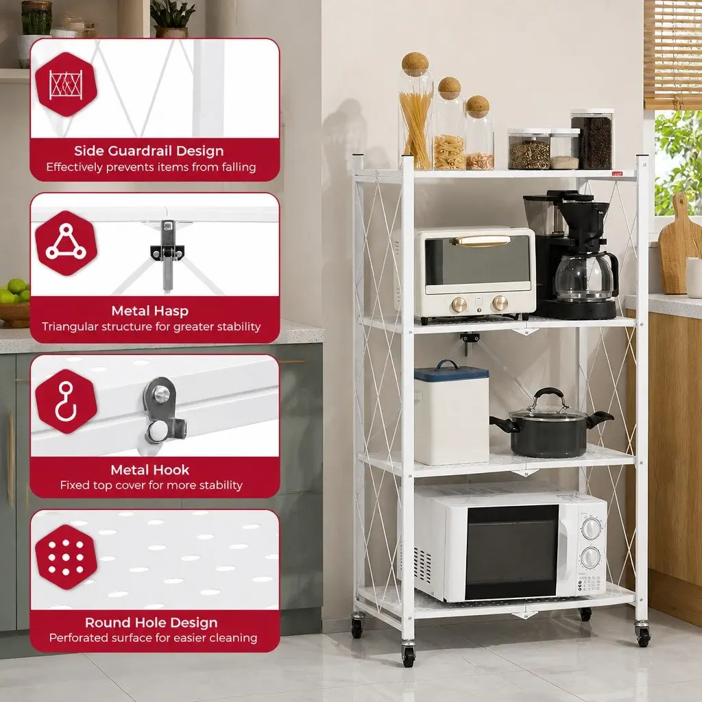 3-Tier Foldable Storage Shelf with Lockable Wheels for Kitchen Garage Pantry