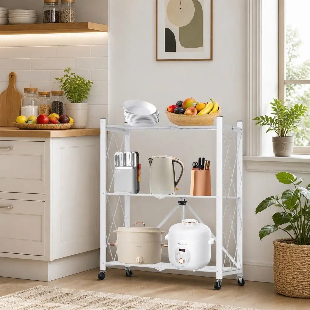 3-Tier Foldable Storage Shelf with Lockable Wheels for Kitchen Garage Pantry