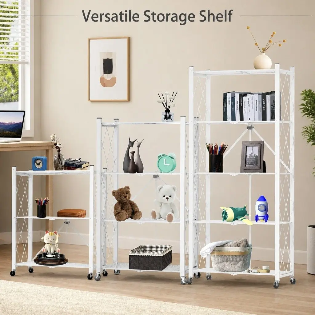 3-Tier Foldable Storage Shelf with Lockable Wheels for Kitchen Garage Pantry
