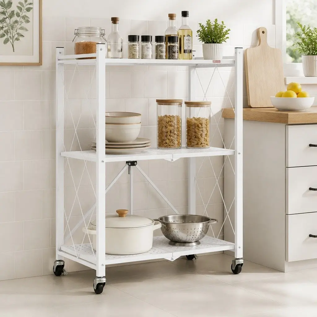 3-Tier Foldable Storage Shelf with Lockable Wheels for Kitchen Garage Pantry
