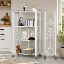 4-Tier Foldable Storage Shelf with Wheels White Kitchen Garage Pantry Organiser