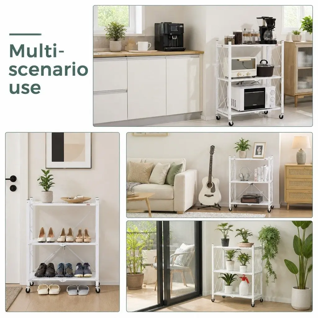 5-Tier Foldable Storage Shelf with Wheels White Kitchen Garage Pantry Organiser