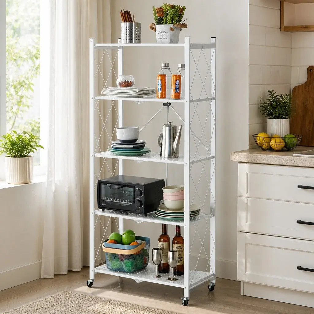 5-Tier Foldable Storage Shelf with Wheels White Kitchen Garage Pantry Organiser