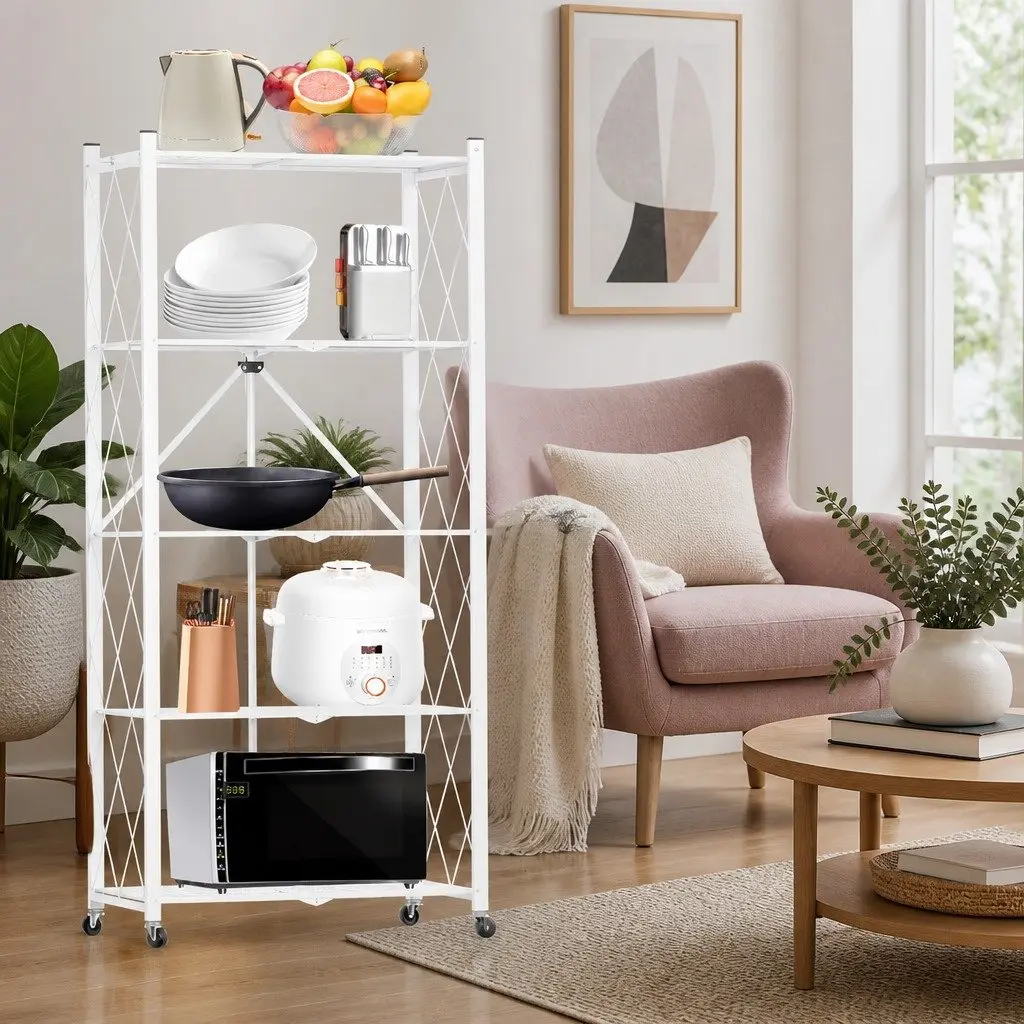 5-Tier Foldable Storage Shelf with Wheels White Kitchen Garage Pantry Organiser