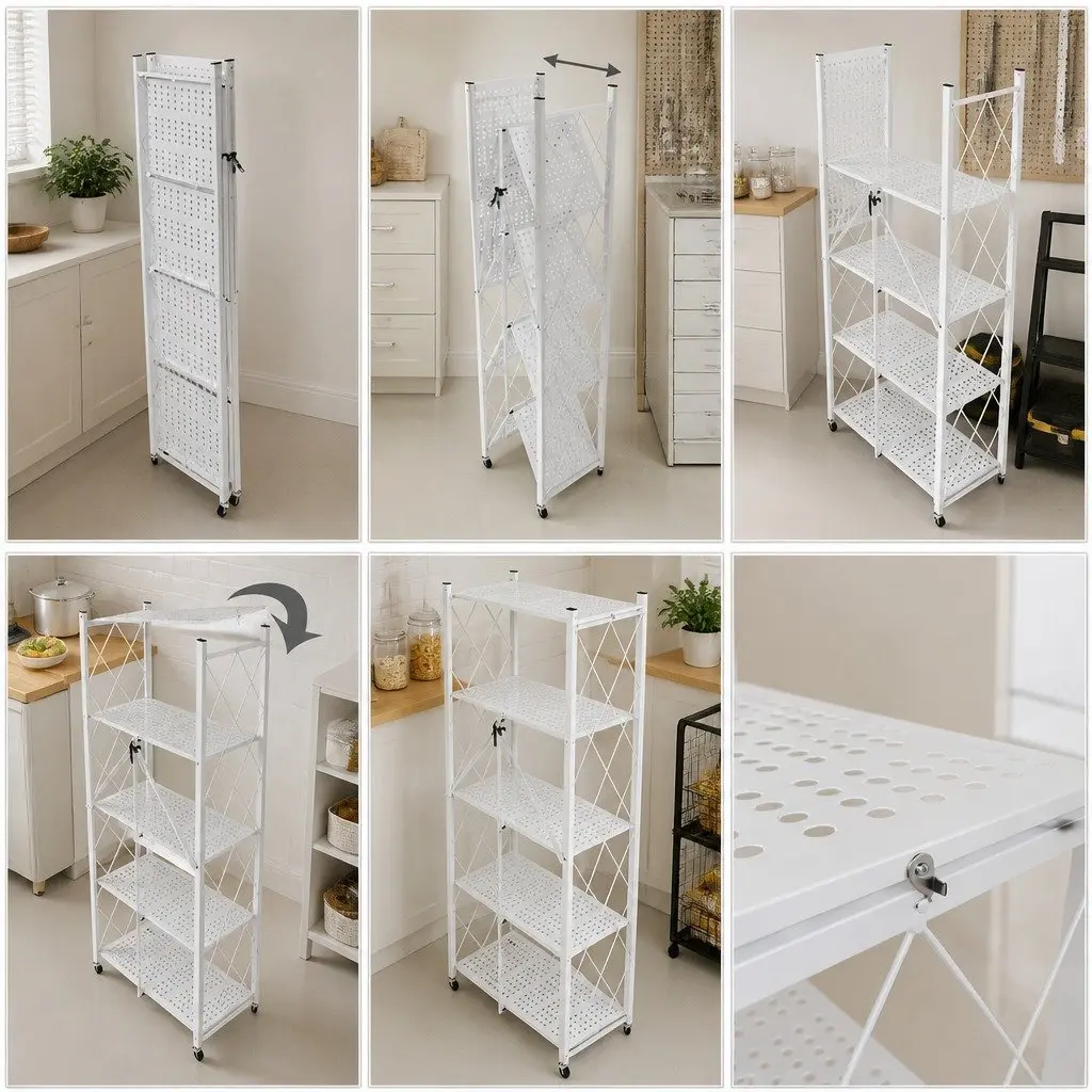 5-Tier Foldable Storage Shelf with Wheels White Kitchen Garage Pantry Organiser