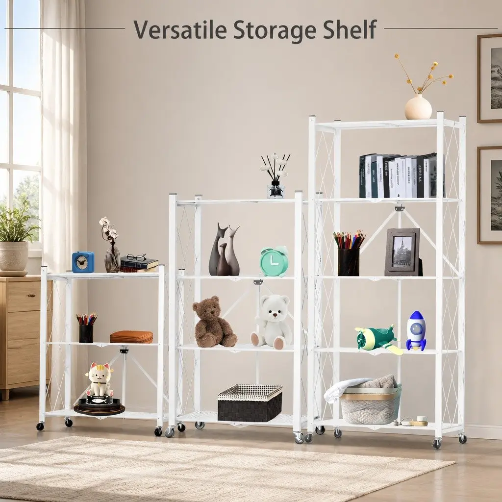 5-Tier Foldable Storage Shelf with Wheels White Kitchen Garage Pantry Organiser
