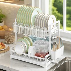 Dish Drying Rack 2-Tier Kitchen Drainer with Drainboard and Utensil Holder