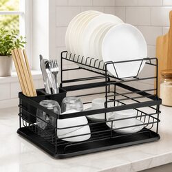 2-Tier Dish Drying Rack Kitchen Counter Removable Drip Tray Utensil Holder