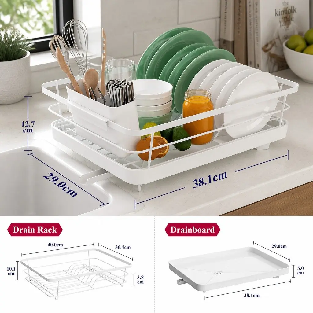 Dish Drying Rack Kitchen Counter Two-Level Organizer Removable Drip Tray Utensil