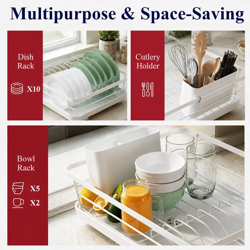 Dish Drying Rack Kitchen Counter Two-Level Organizer Removable Drip Tray Utensil