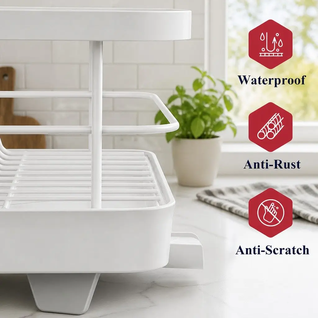 Dish Drying Rack Kitchen Counter Two-Level Organizer Removable Drip Tray Utensil
