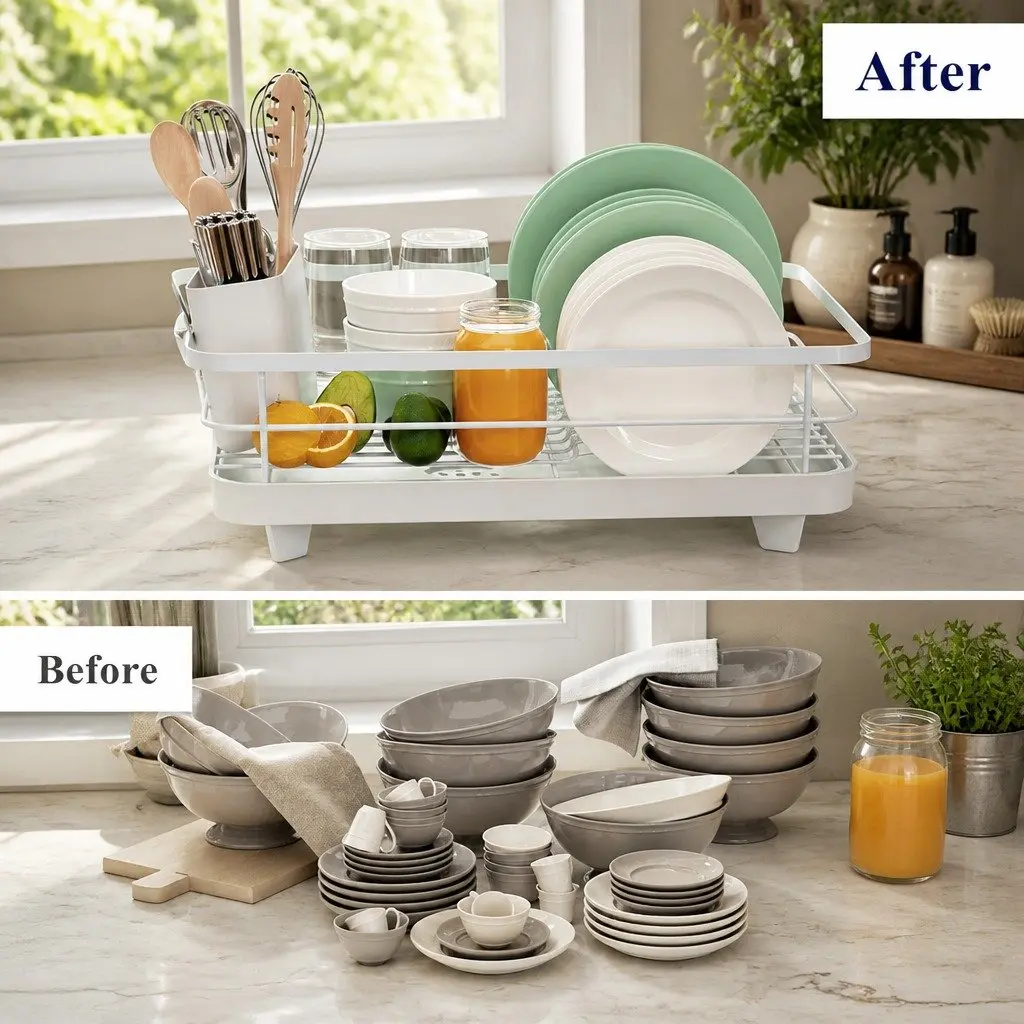 Dish Drying Rack Kitchen Counter Two-Level Organizer Removable Drip Tray Utensil