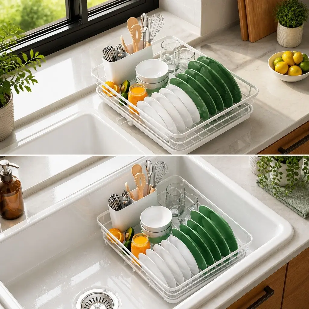 Dish Drying Rack Kitchen Counter Two-Level Organizer Removable Drip Tray Utensil