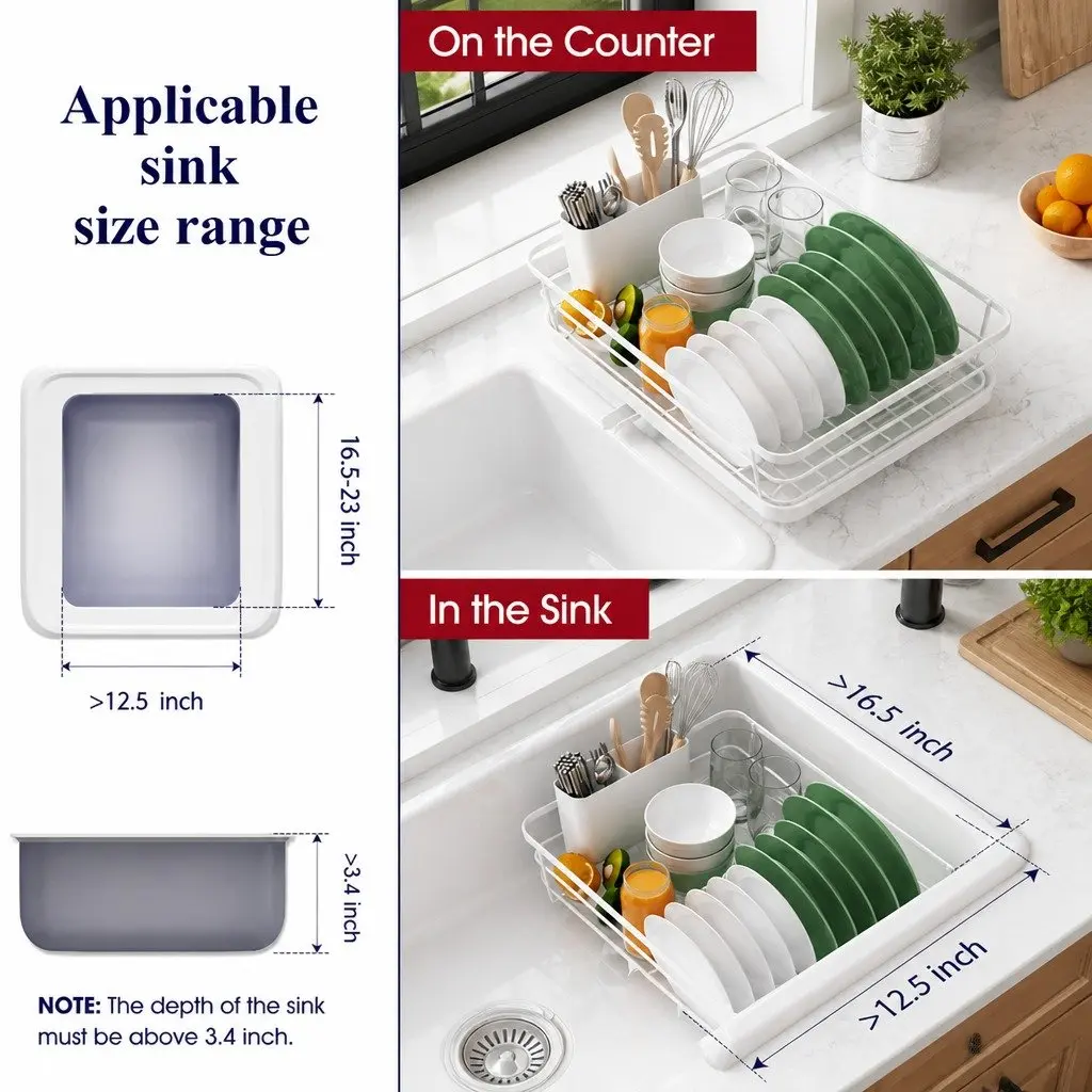 Dish Drying Rack Kitchen Counter Two-Level Organizer Removable Drip Tray Utensil
