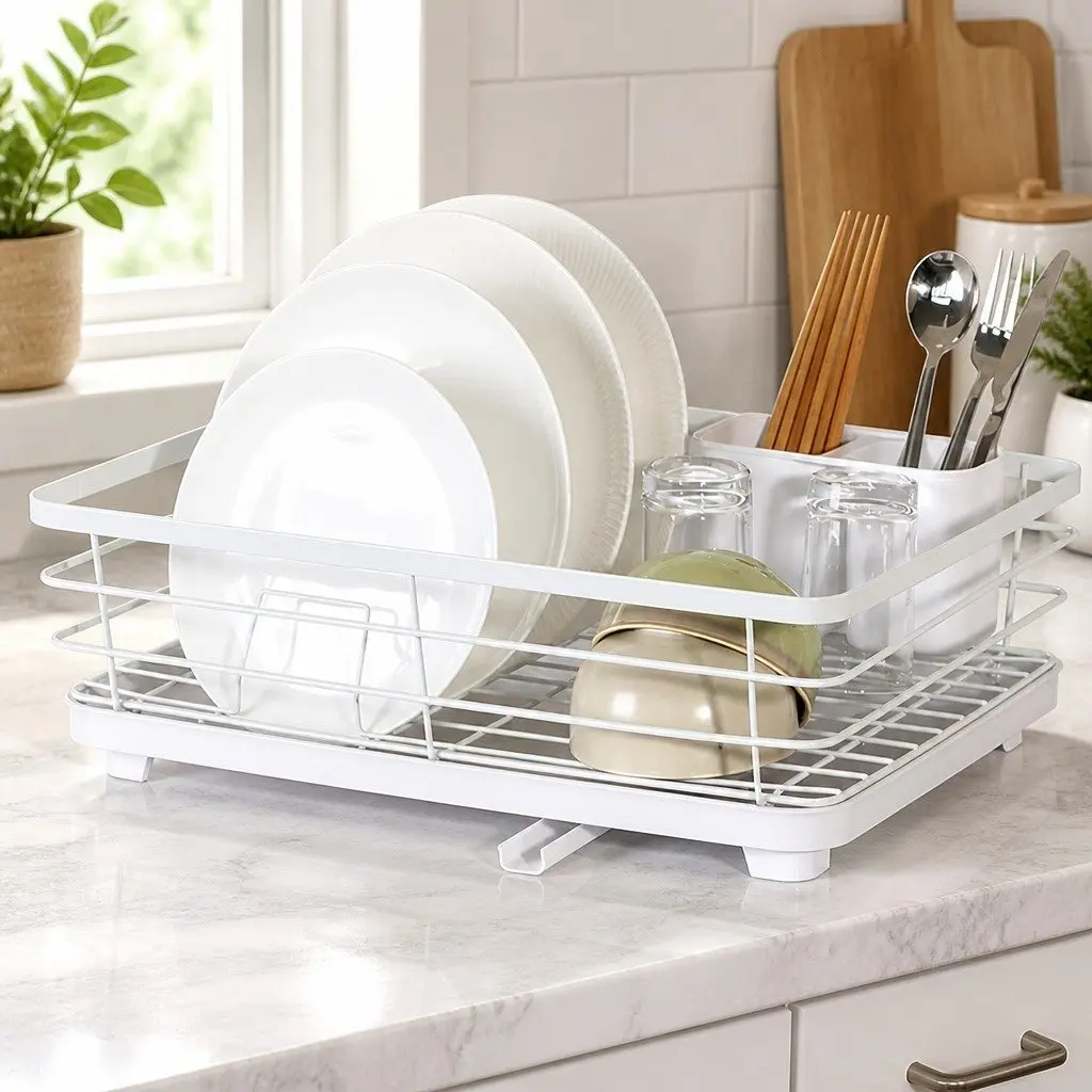 Dish Drying Rack Kitchen Counter Two-Level Organizer Removable Drip Tray Utensil