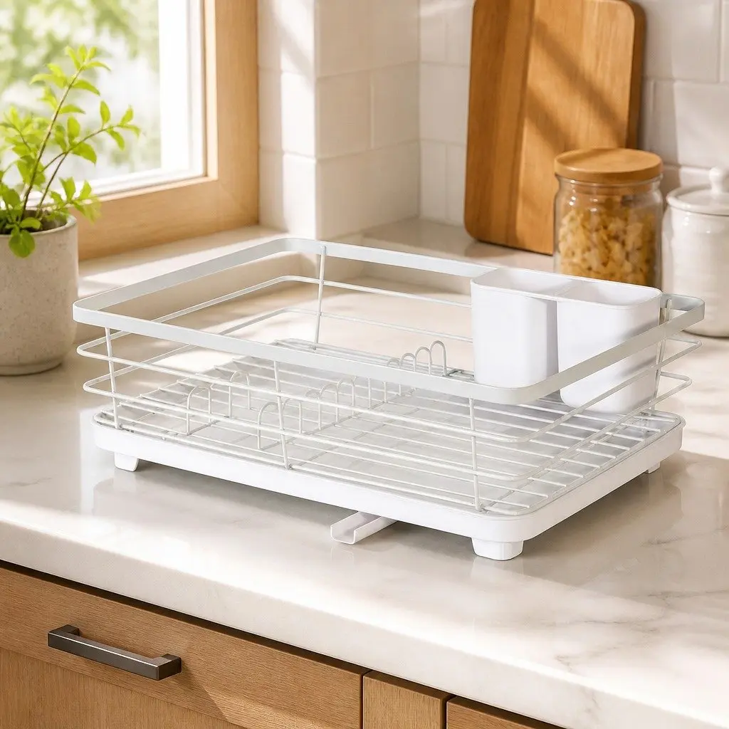 Dish Drying Rack Kitchen Counter Two-Level Organizer Removable Drip Tray Utensil