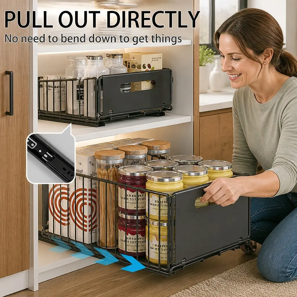 Pull Out Cabinet Kitchen Organizer Drawers 2 Pack Adhesive Pantry Storage