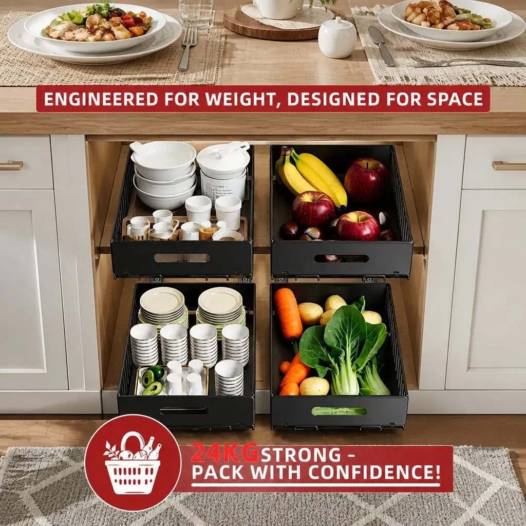 Pull Out Cabinet Kitchen Organizer Drawers 2 Pack Adhesive Pantry Storage