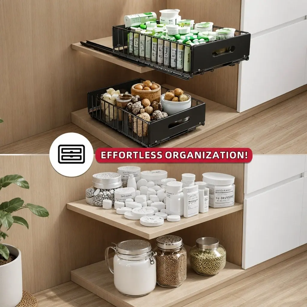 Pull Out Cabinet Kitchen Organizer Drawers 2 Pack Adhesive Pantry Storage
