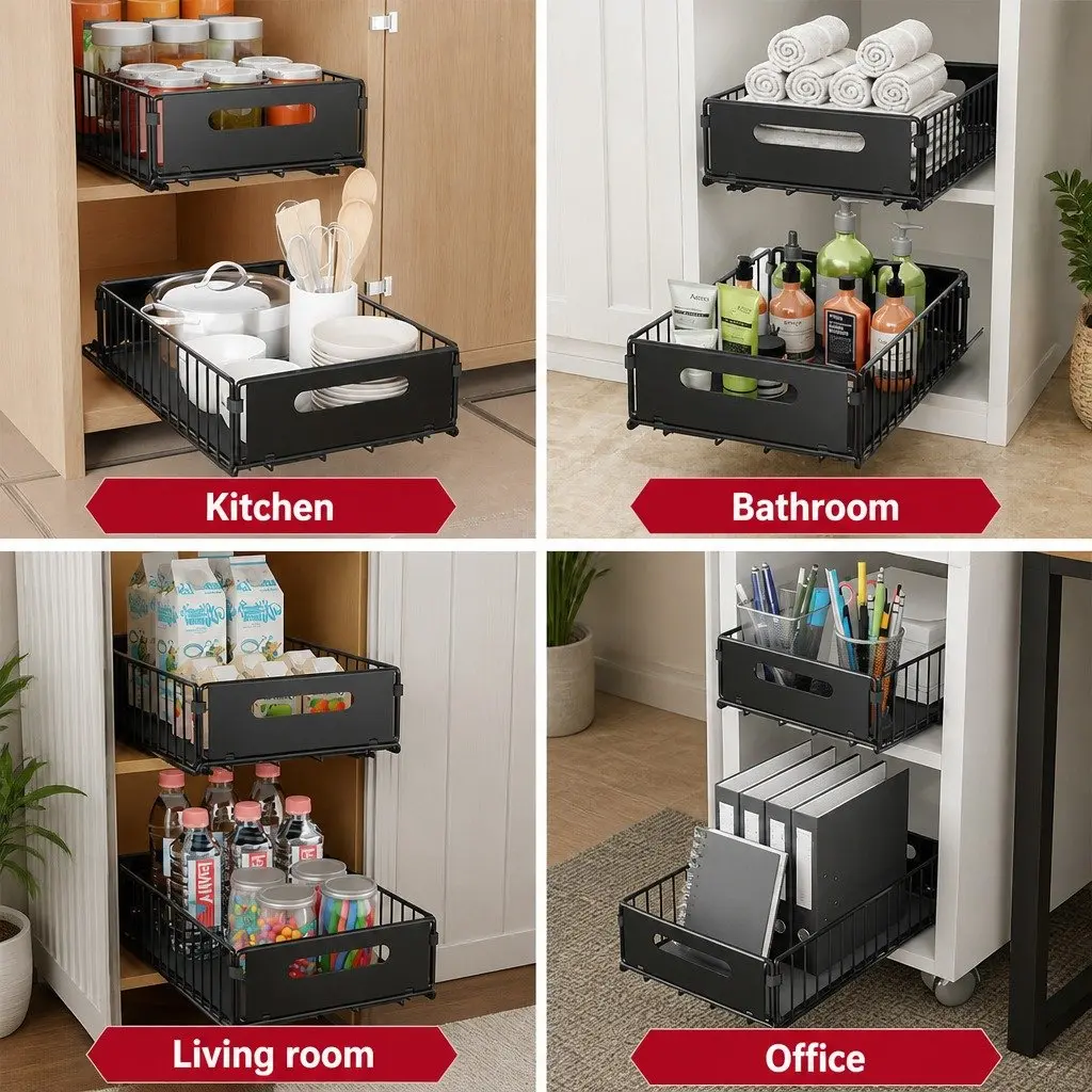 Pull Out Cabinet Kitchen Organizer Drawers 2 Pack Adhesive Pantry Storage