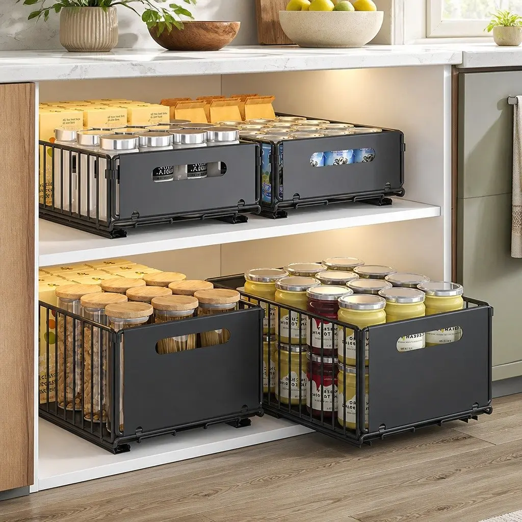 Pull Out Cabinet Kitchen Organizer Drawers 2 Pack Adhesive Pantry Storage