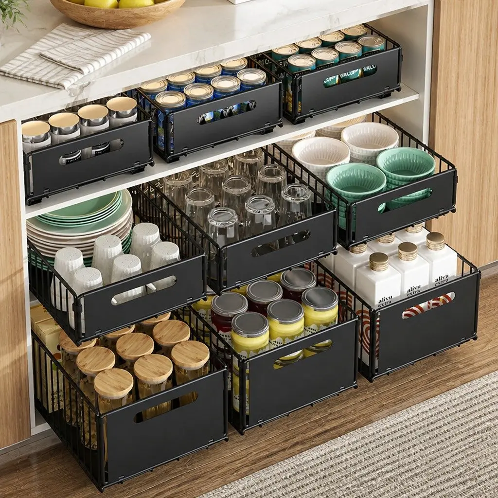 Pull Out Cabinet Kitchen Organizer Drawers 2 Pack Adhesive Pantry Storage