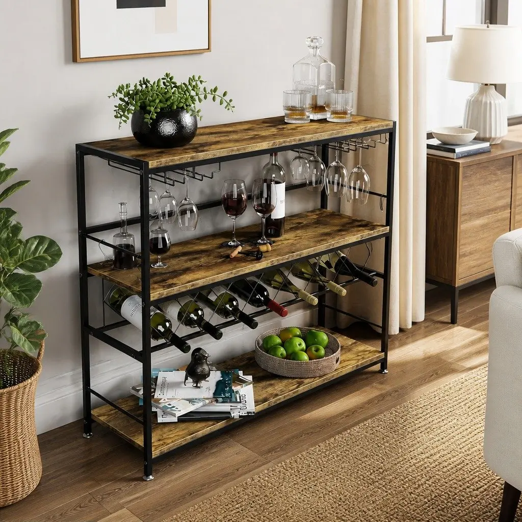 Wine Rack for Kitchen Bar Pantry Cellar Large Metal Frame Wood Countertop 20 Bottle Storage